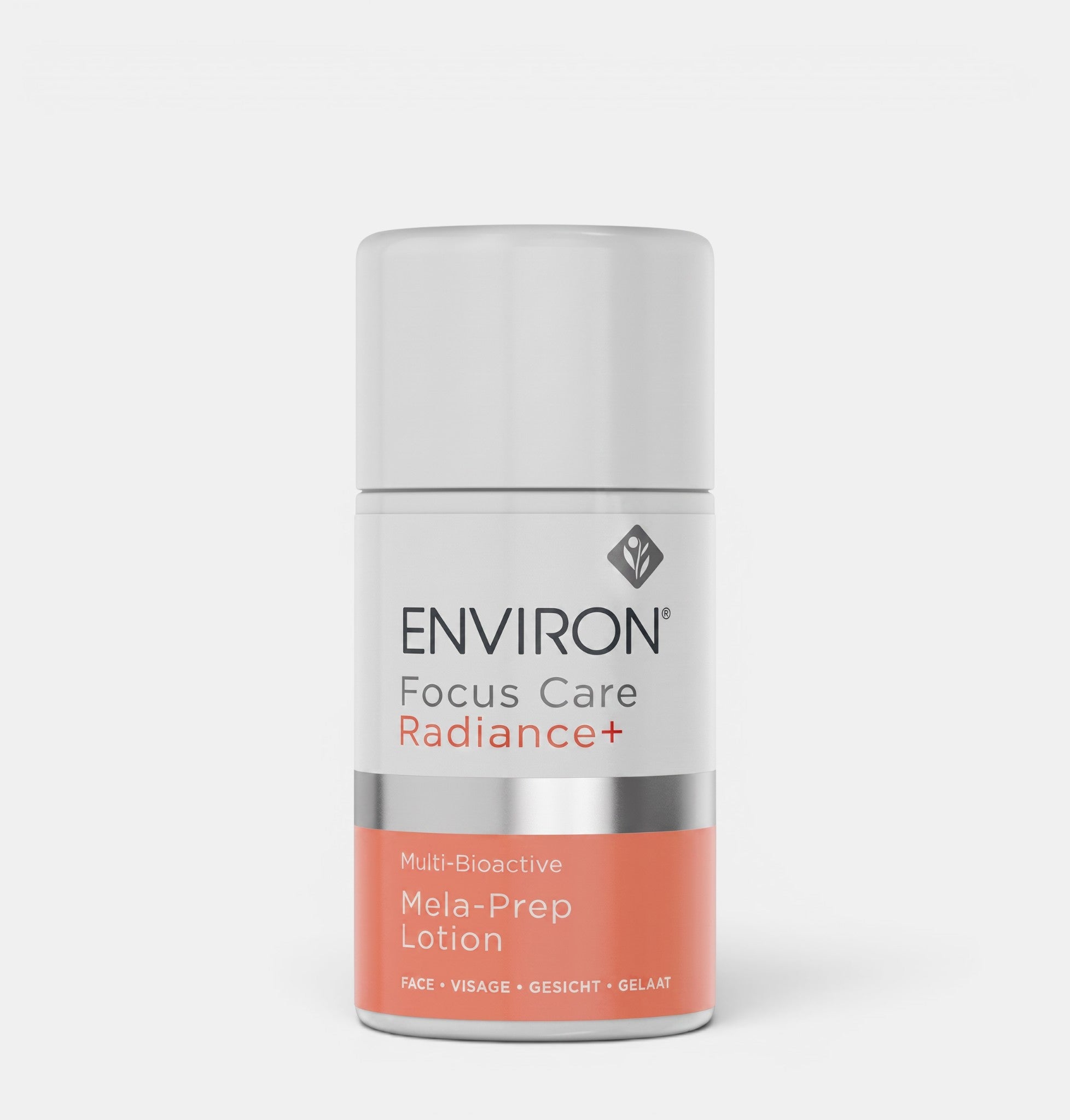 Shop Rescue Spa Environ Focus Care Radiance+ Multi-Bioactive Mela-Prep Lotion in a white and orange 60ml bottle.