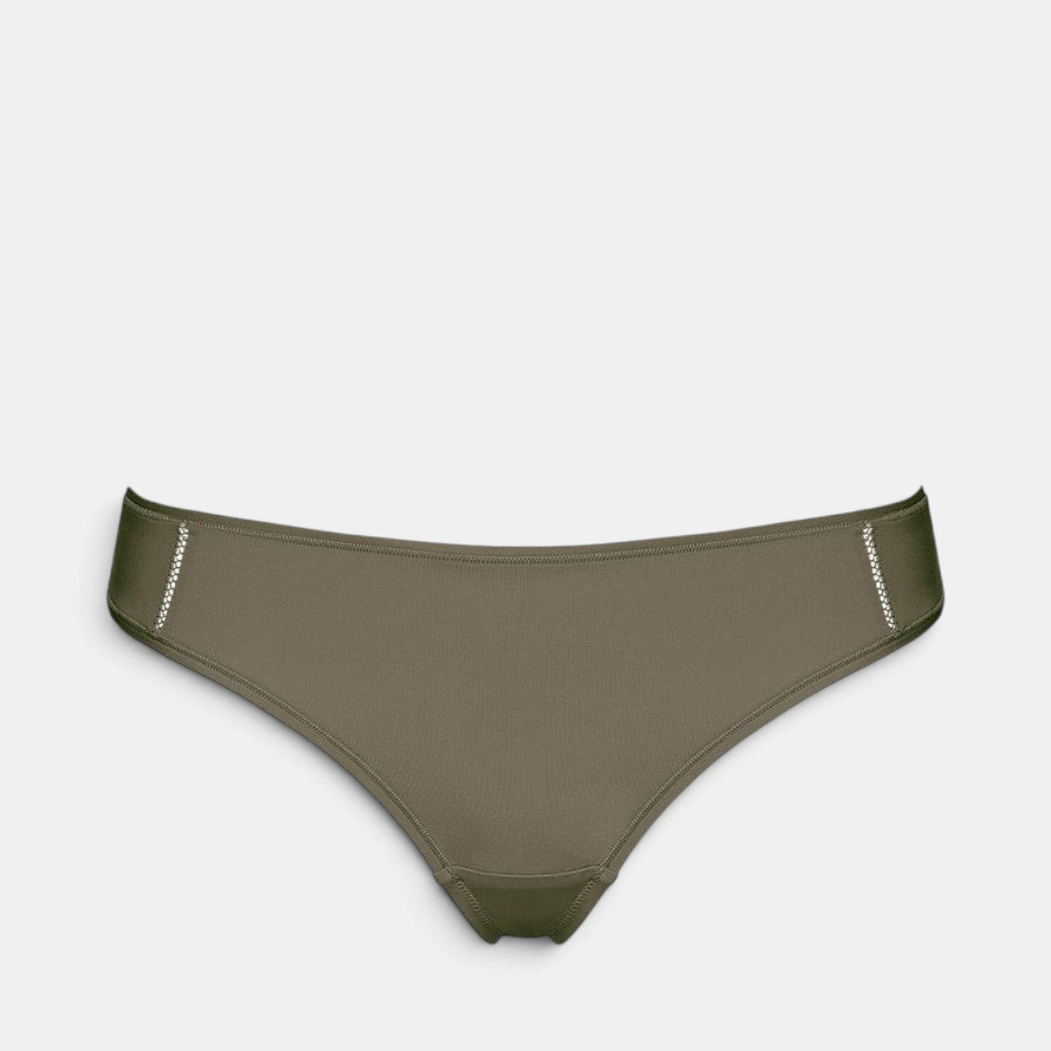 Shop Rescue Spa Mika olive green recycled polyamide tanga with side seam stitching and mid-back detail