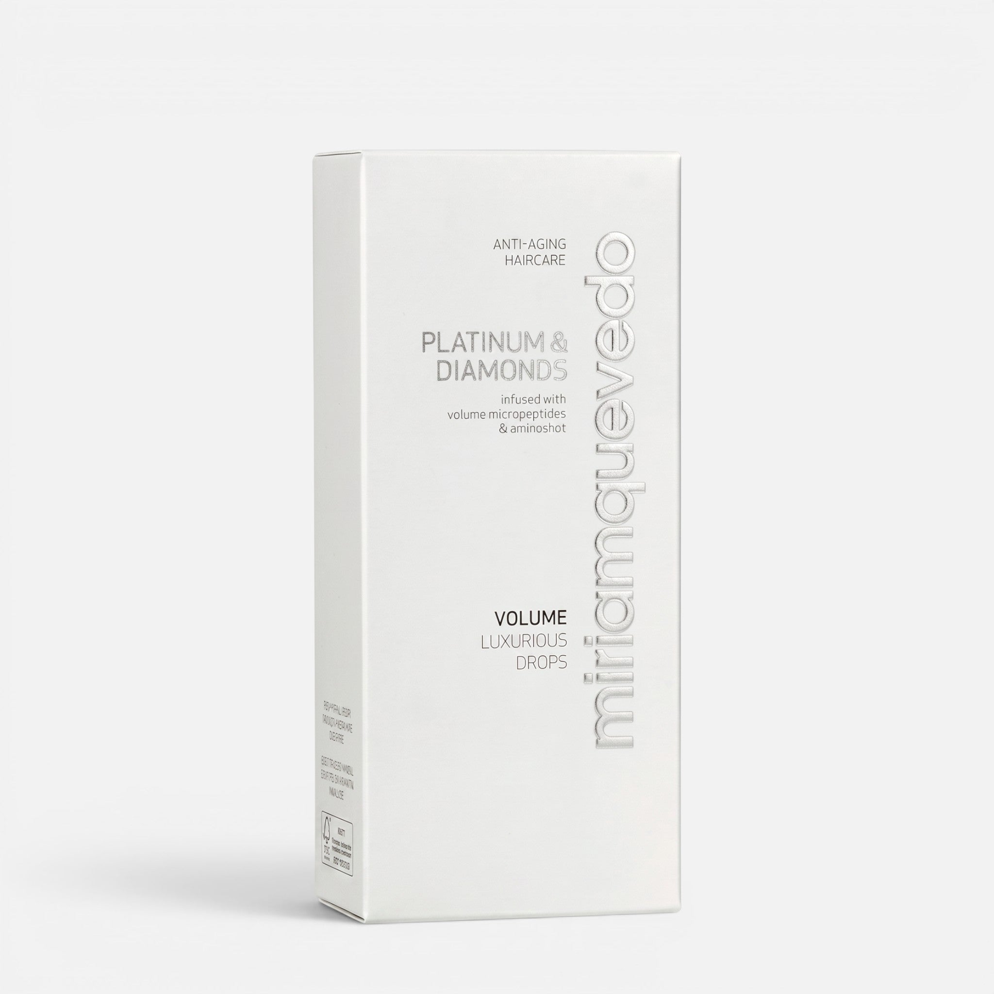 Shop Rescue Spa Miriam Quevedo Platinum & Diamonds Volume Luxurious Drops hair treatment bottle in white packaging.