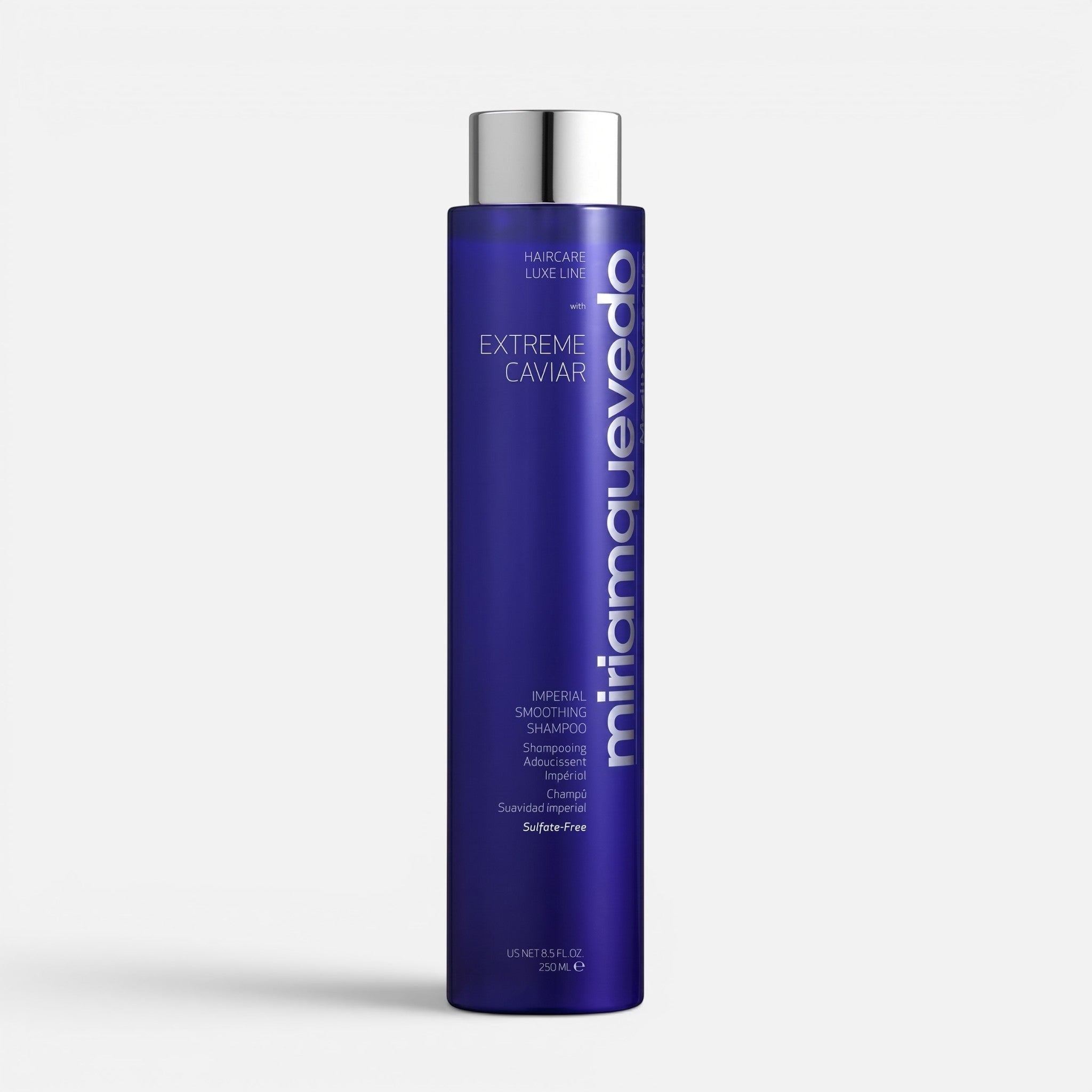 Shop Rescue Spa Miriam Quevedo Extreme Caviar Imperial Smoothing Shampoo in a tall blue bottle with silver cap.