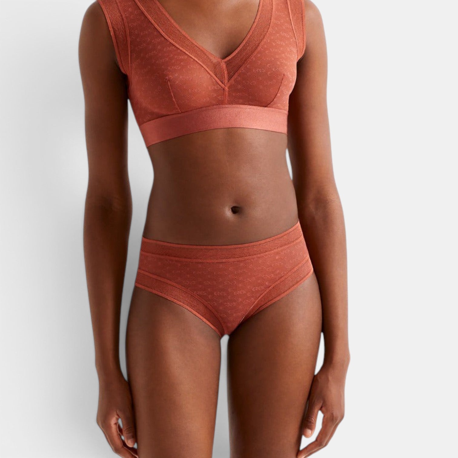 Shop Rescue Spa Morphology terracotta briefs with matching bralette featuring textured fabric and trim detailing.