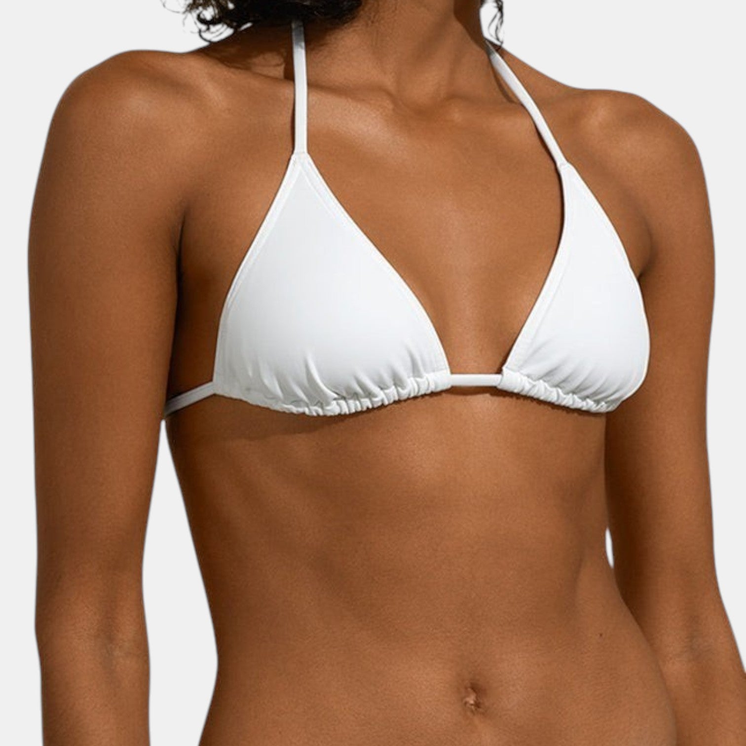 Shop Rescue Spa MOUNA white sliding triangle bikini top with adjustable spaghetti straps on a model