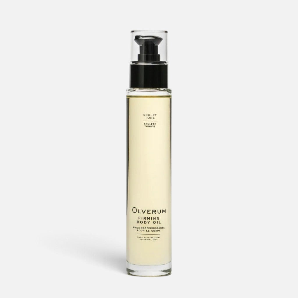 Shop Rescue Spa OLVERUM Firming Body Oil in a clear 100ml glass pump bottle for skin toning and elasticity.