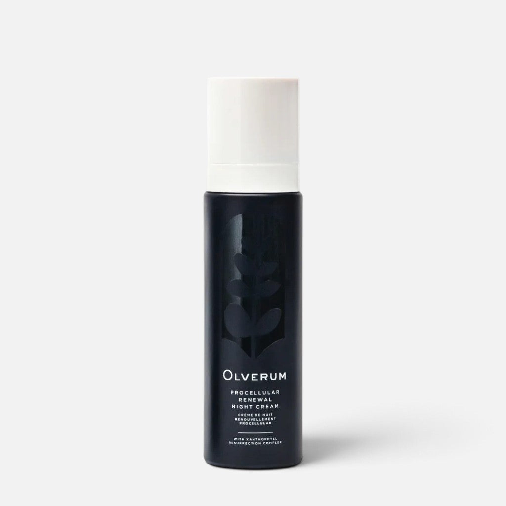 Shop Rescue Spa Olverum Procellular Renewal Night Cream in a dark blue pump bottle with a white cap.