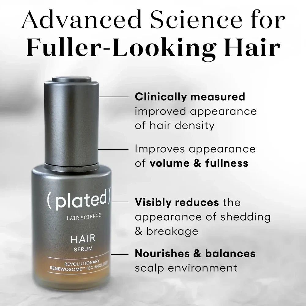 Shop Rescue Spa Plated Hair Serum bottle with text highlights on hair density, volume, shedding, and scalp health.