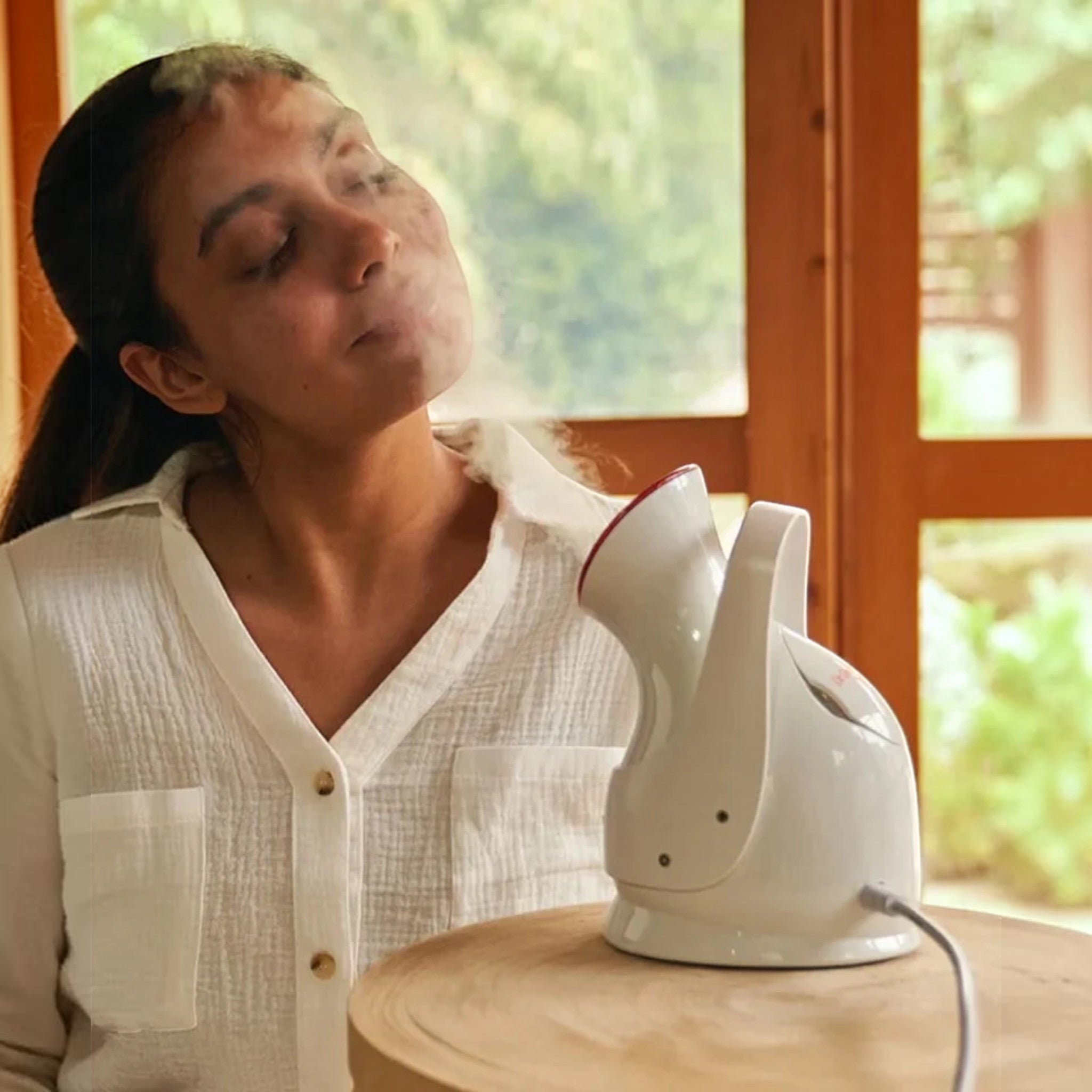 Shop Rescue Spa Pro Facial Steamer in white, providing a relaxing steam treatment to a woman for hydrated skin.