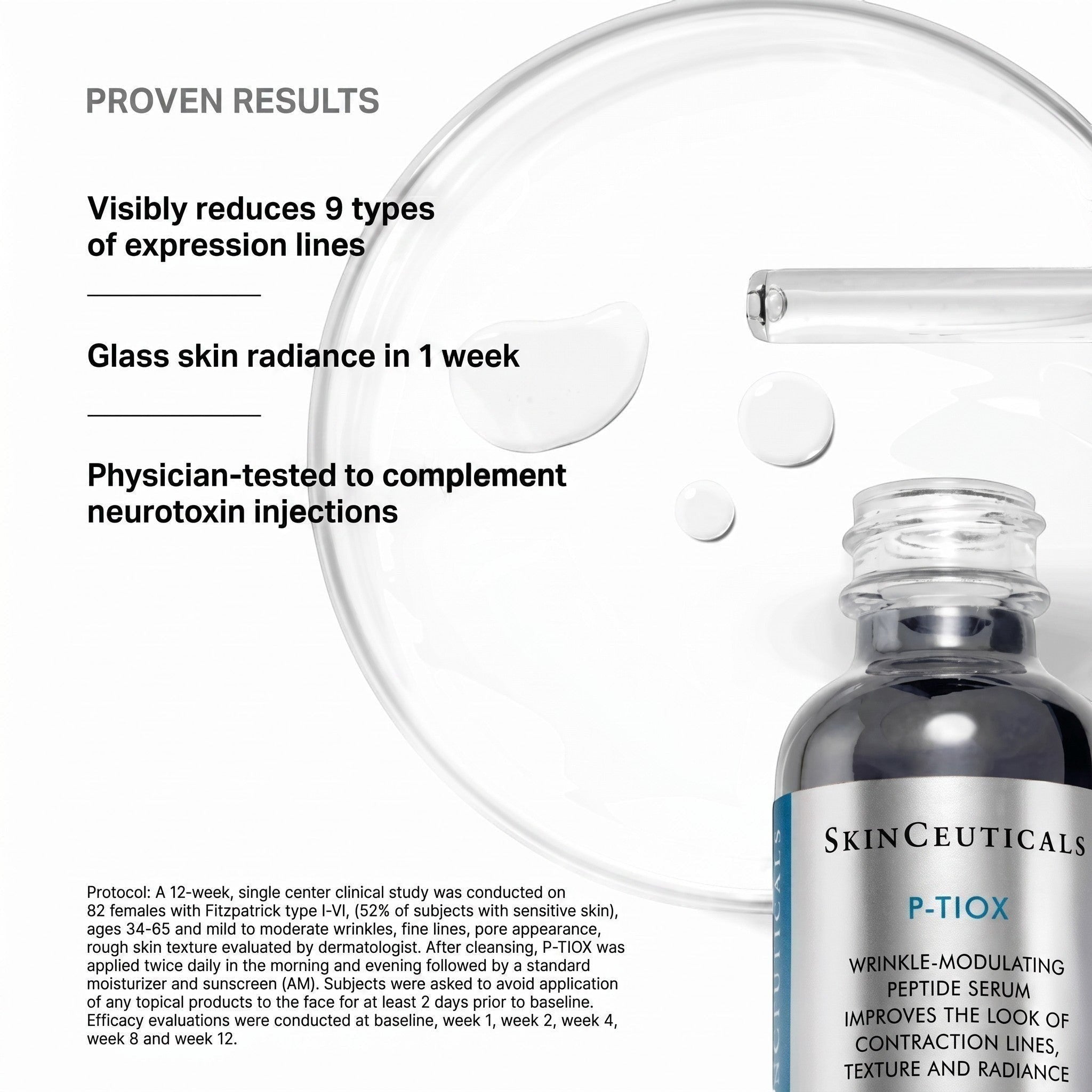 Shop Rescue Spa P-Tiox peptide serum bottle with clinical results text and clear serum droplets on white background