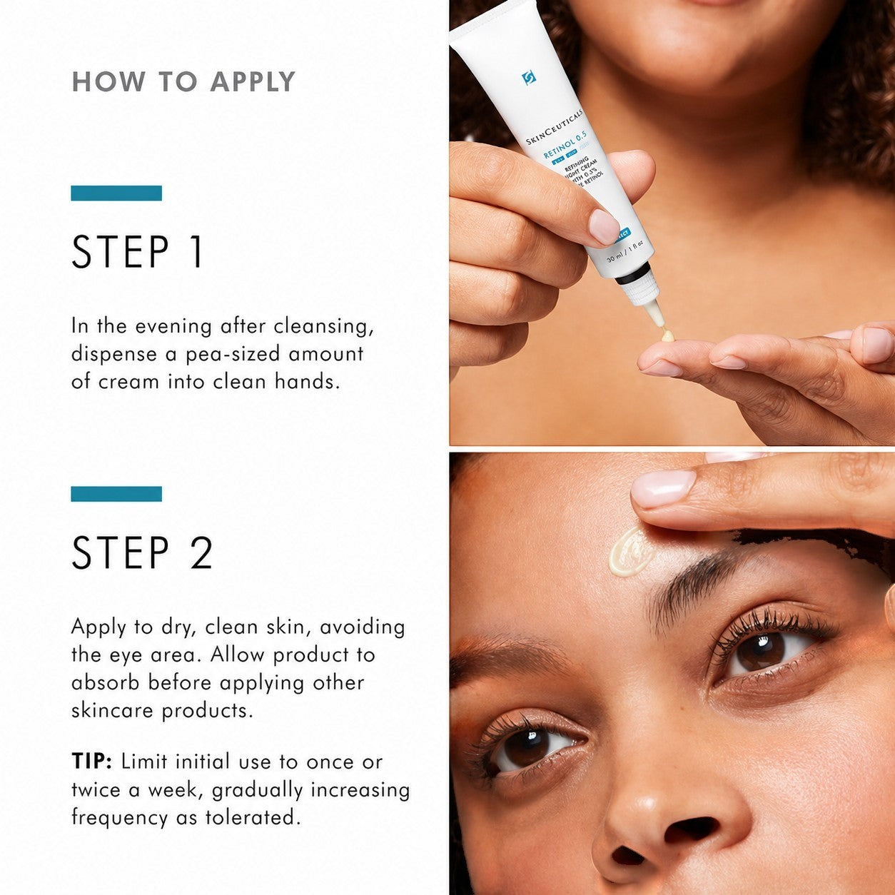 Shop Rescue Spa Retinol 0.5 night cream application steps showing a model dispensing and applying the face cream