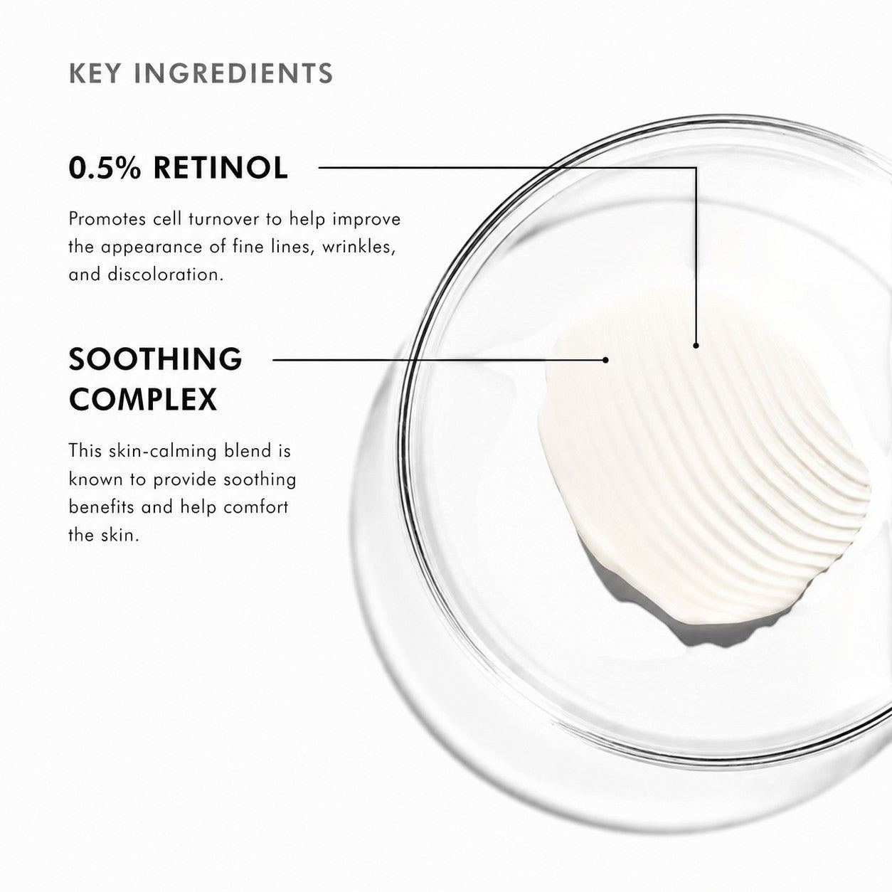 Shop Rescue Spa Retinol 0.5 night cream texture showing key ingredients retinol and soothing complex in a petri dish