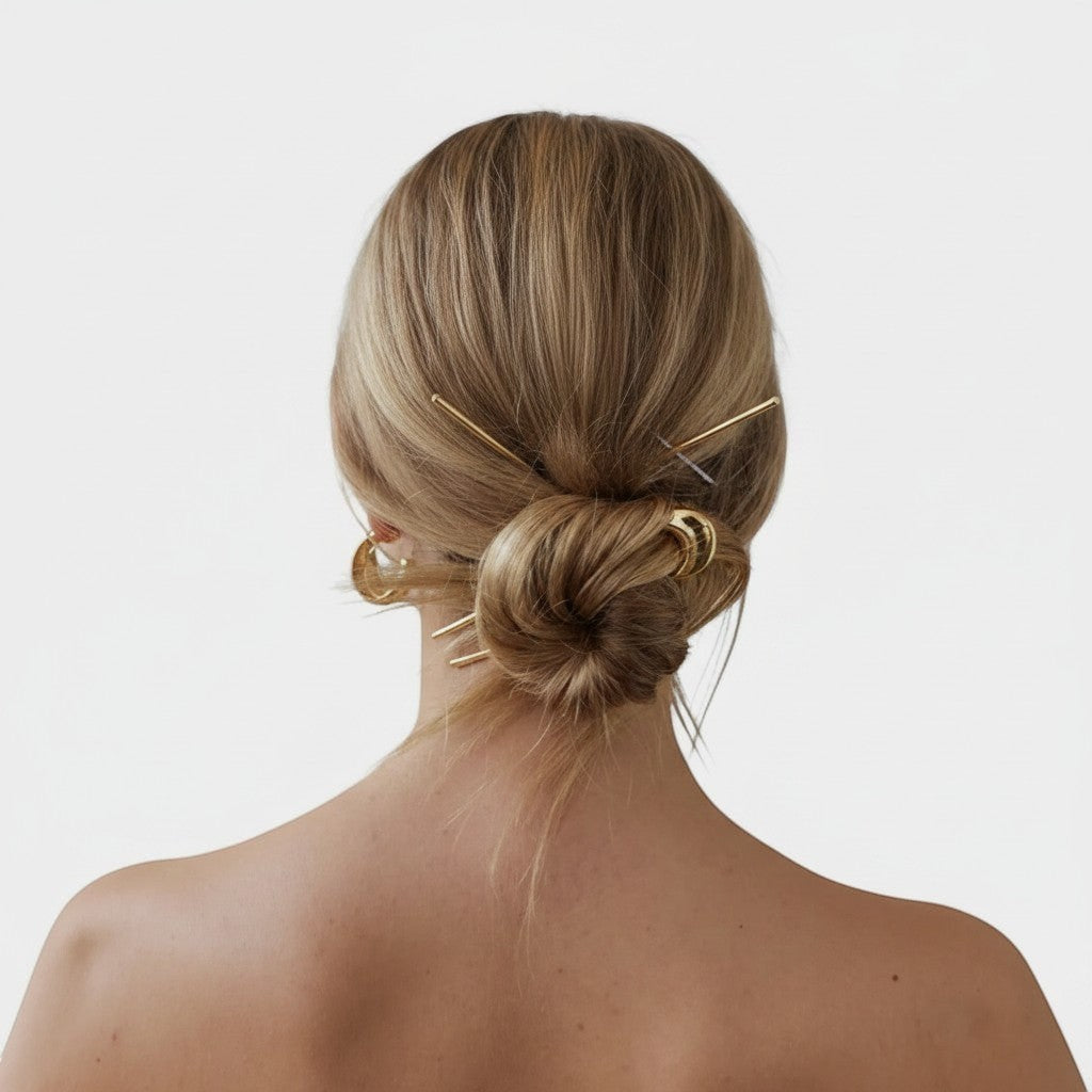 Shop Rescue Spa Selene Glossy Hair Pin in gold-plated brass, a modern hair accessory for updos.