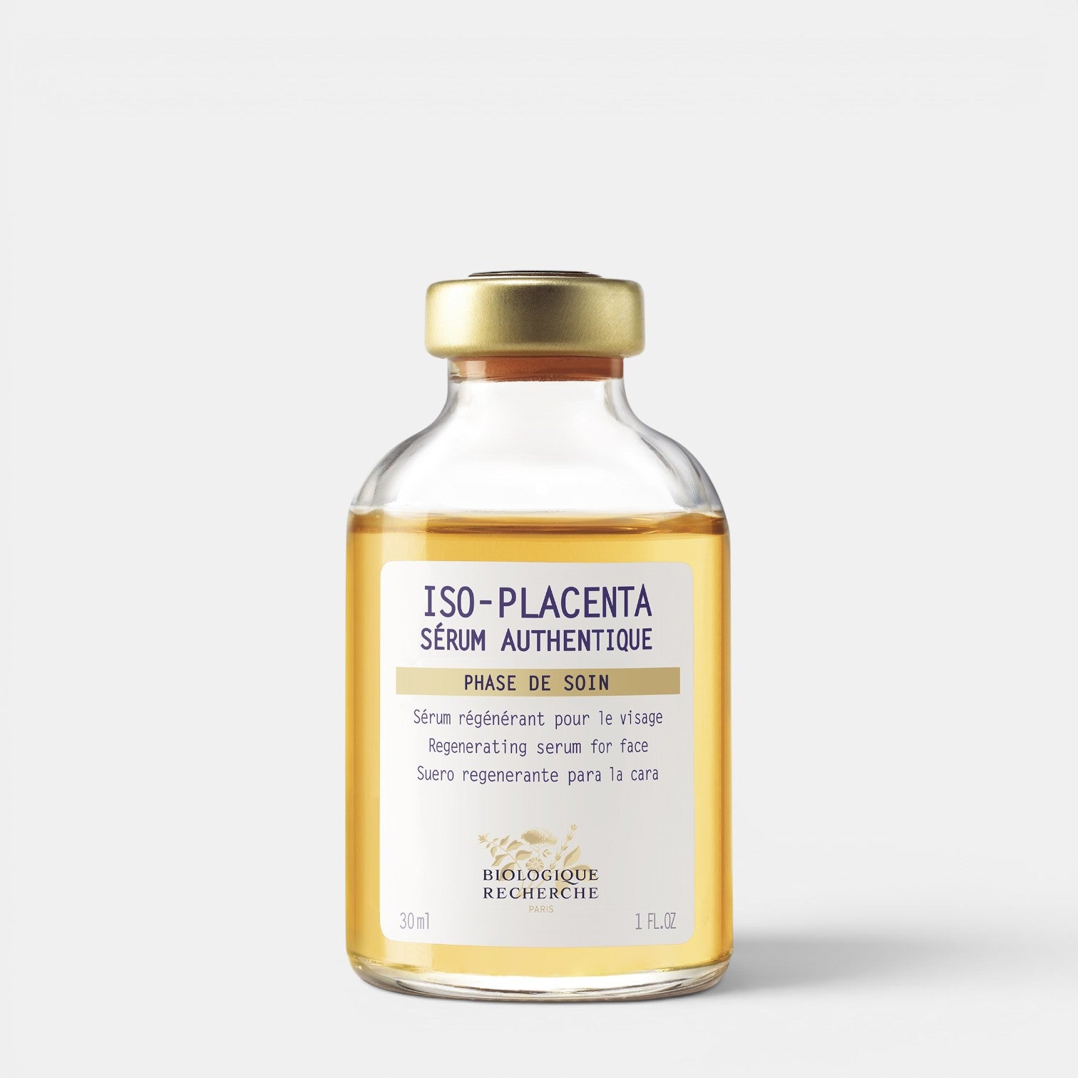 Shop Rescue Spa Biologique Recherche Serum Iso-Placenta regenerating face serum in a glass bottle with gold cap.