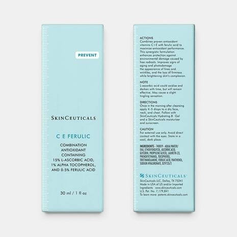 Shop Rescue Spa SkinCeuticals C E Ferulic antioxidant serum box showing ingredients and directions on light blue