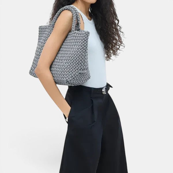 Shop Rescue Spa St. Barths Double Weave Marina tote bag in grey-blue neoprene with woven detail and matching pouch.
