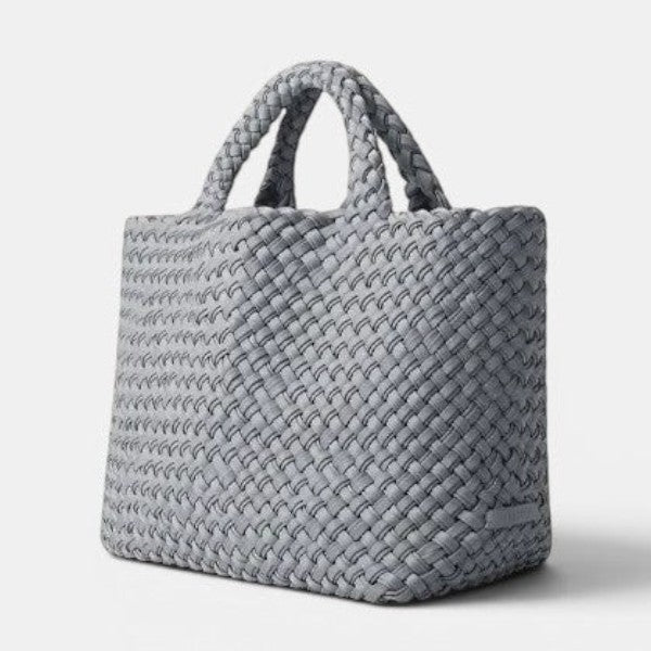 Shop Rescue Spa St. Barths Double Weave Tote in marina grey-blue neoprene with braided handles and woven texture.