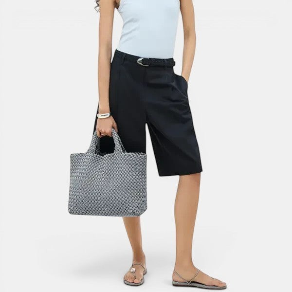 Shop Rescue Spa St. Barths Double Weave Marina tote bag in grey-blue neoprene with woven detail and matching pouch.