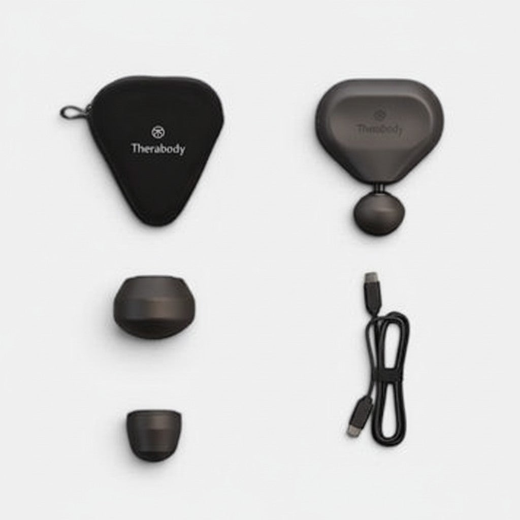 Shop Rescue Spa Theragun Mini 3rd Generation percussive therapy device with 3 attachments and USB-C cable in black.