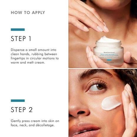 Shop Rescue Spa application guide for Triple Lipid Restore 2:4:2 anti-aging cream showing steps to apply to skin