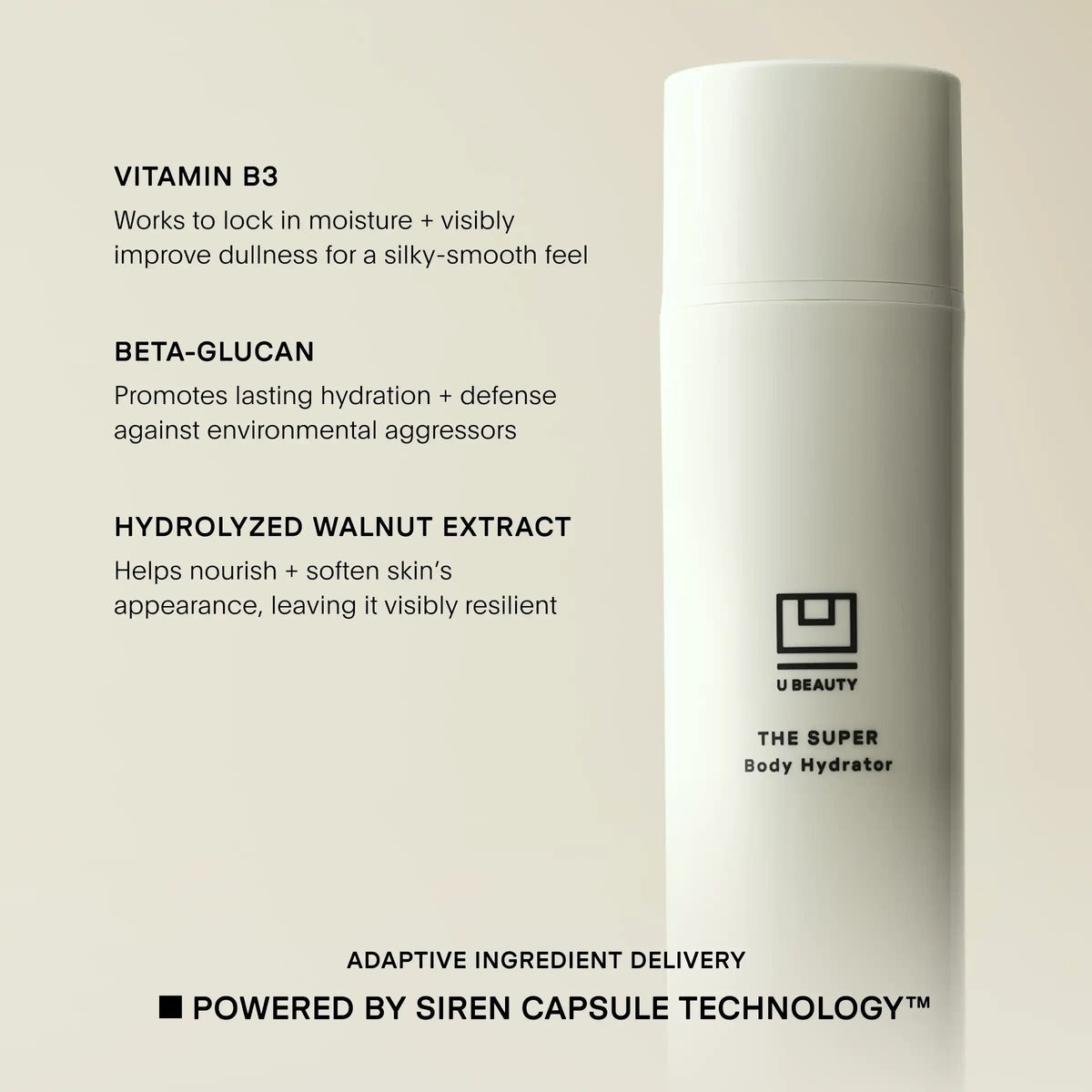 Shop Rescue Spa U Beauty The Super Body Hydrator bottle with ingredient benefits listed on a neutral background