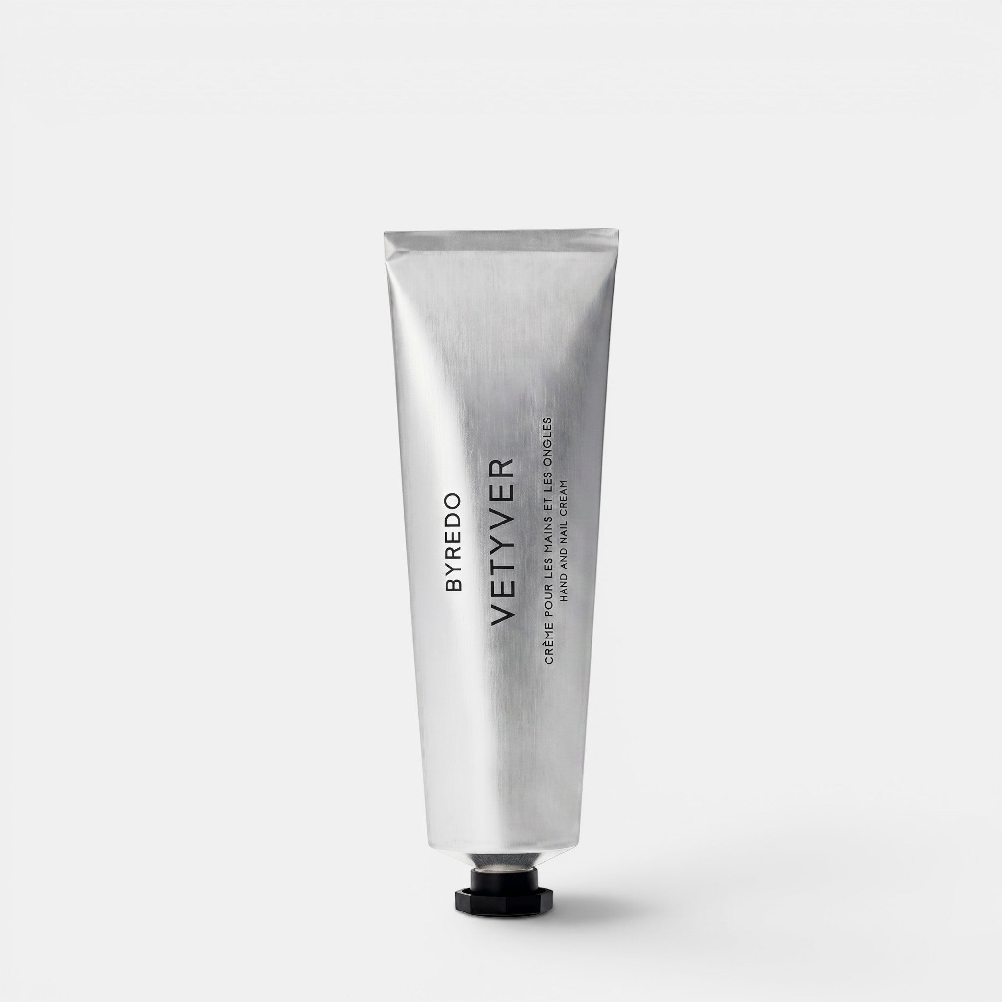 Shop Rescue Spa Byredo Vetyver Hand & Nail Cream in a minimalist silver 50ml tube with black text.