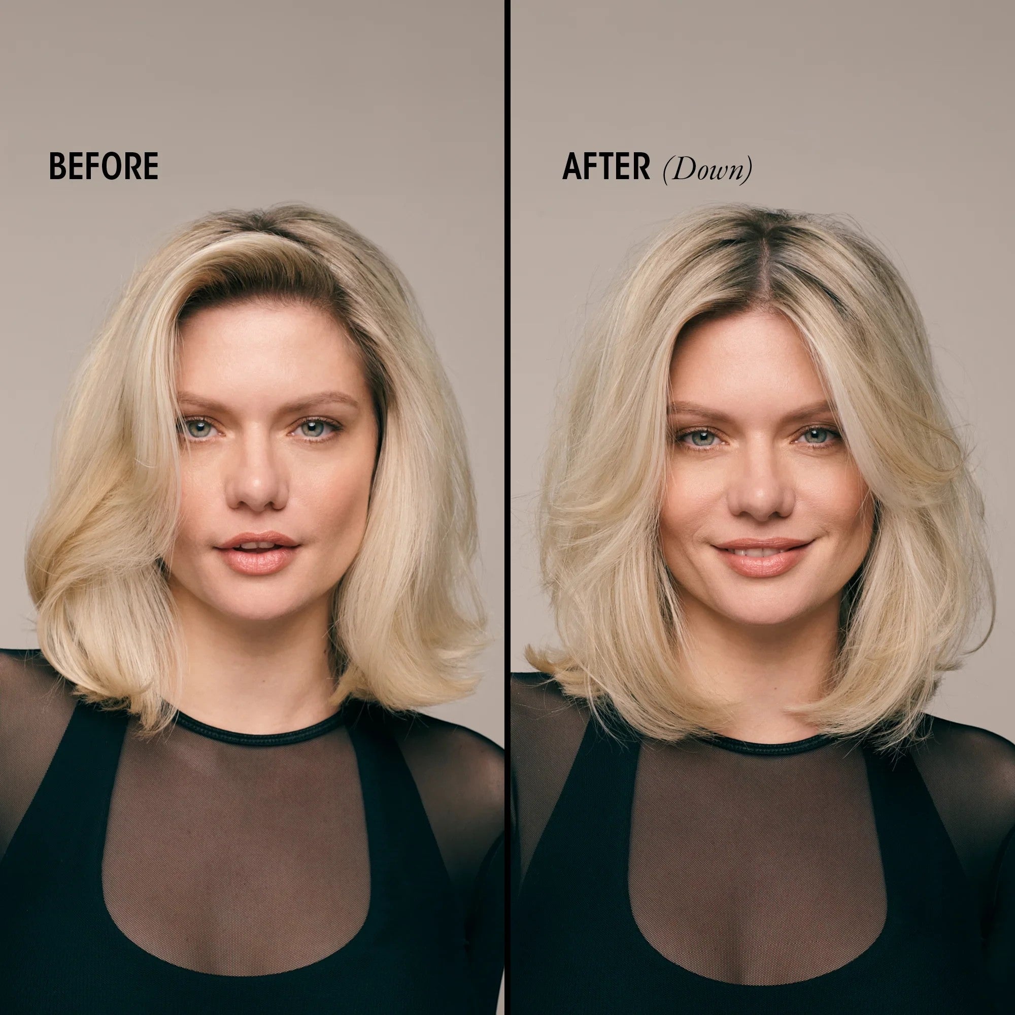 Shop Rescue Spa Swept Up Volume Powder Spray before and after comparison showing increased hair lift and texture