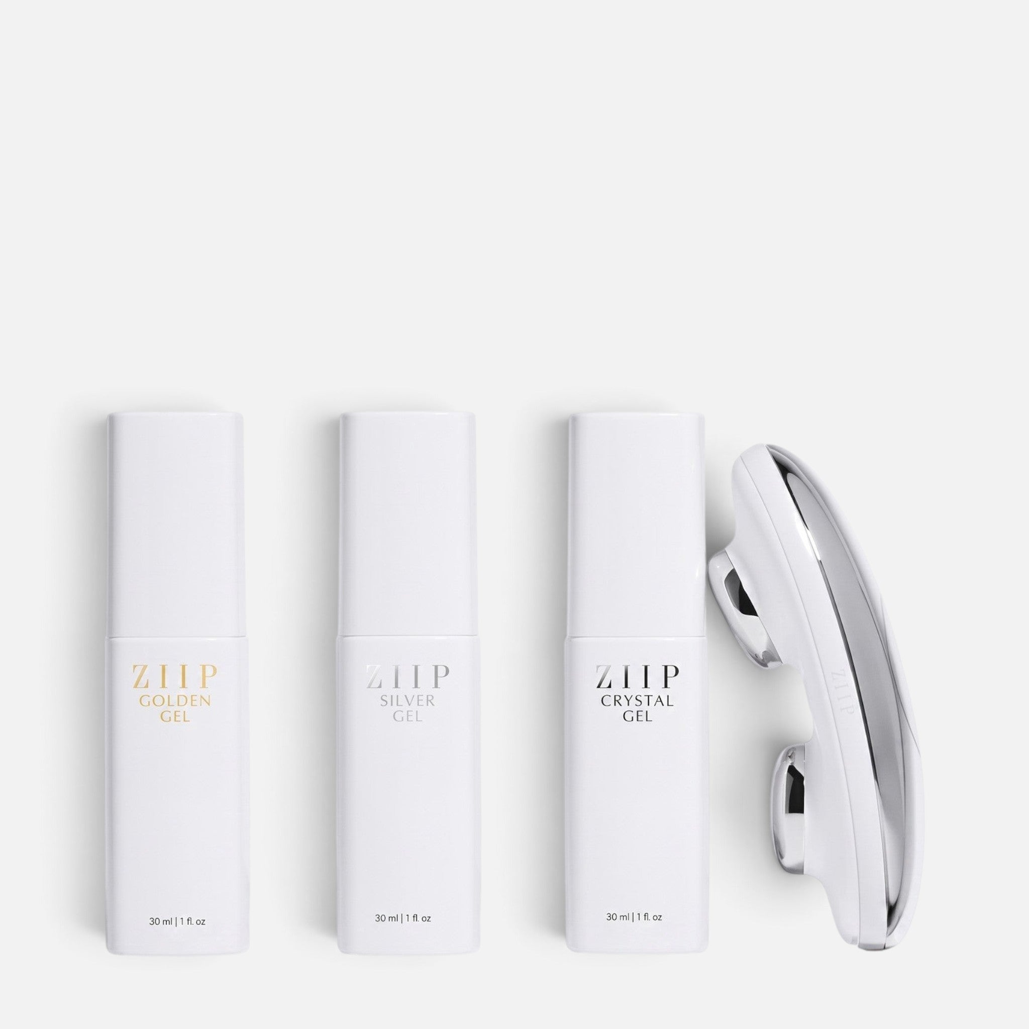 Shop Rescue Spa ZIIP Halo microcurrent device with Golden, Silver, and Crystal conductive gels in white bottles