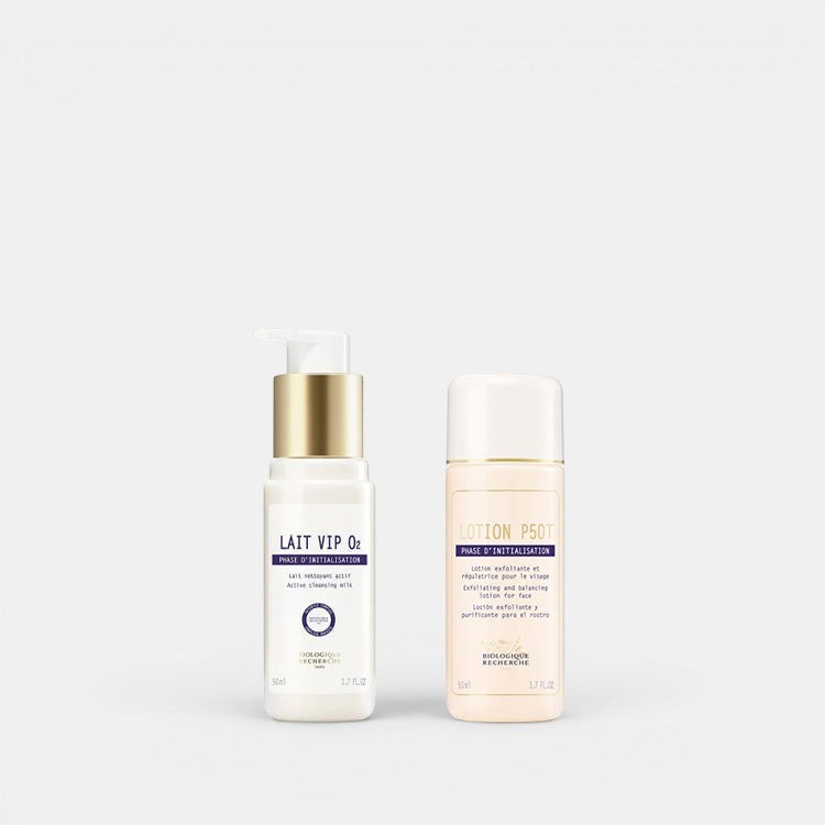 Biologique Recherche TSA Travel Duo featuring Lait VIP O2 cleanser and Lotion P50, both 1.7 oz, for detoxifying and balancing skin.