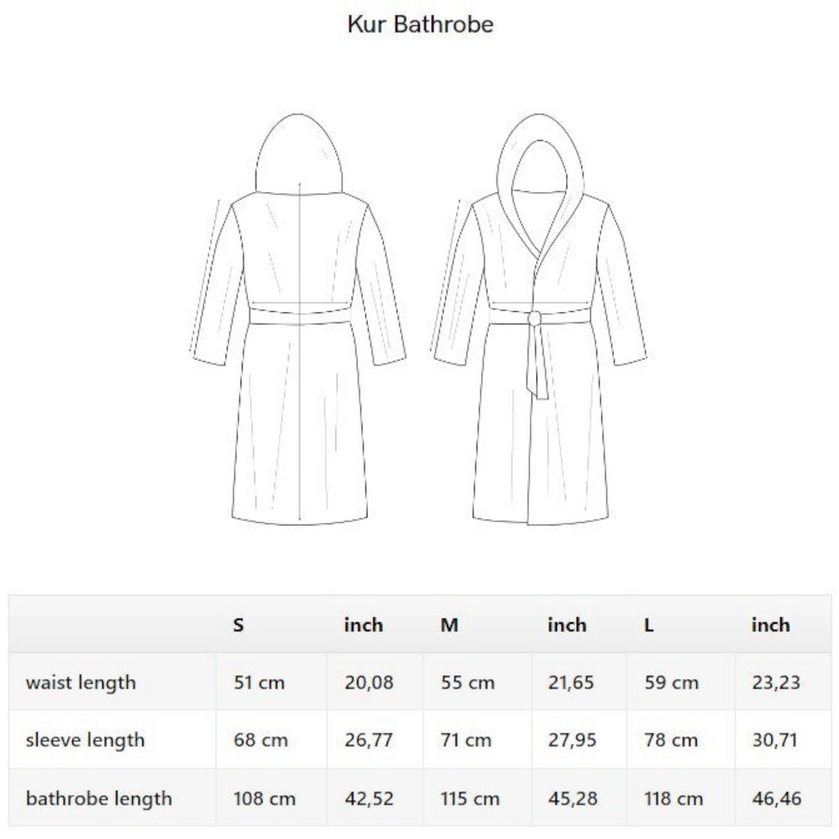 Shop Rescue Spa Kur hooded bathrobe technical line drawing with size chart for small medium and large measurements