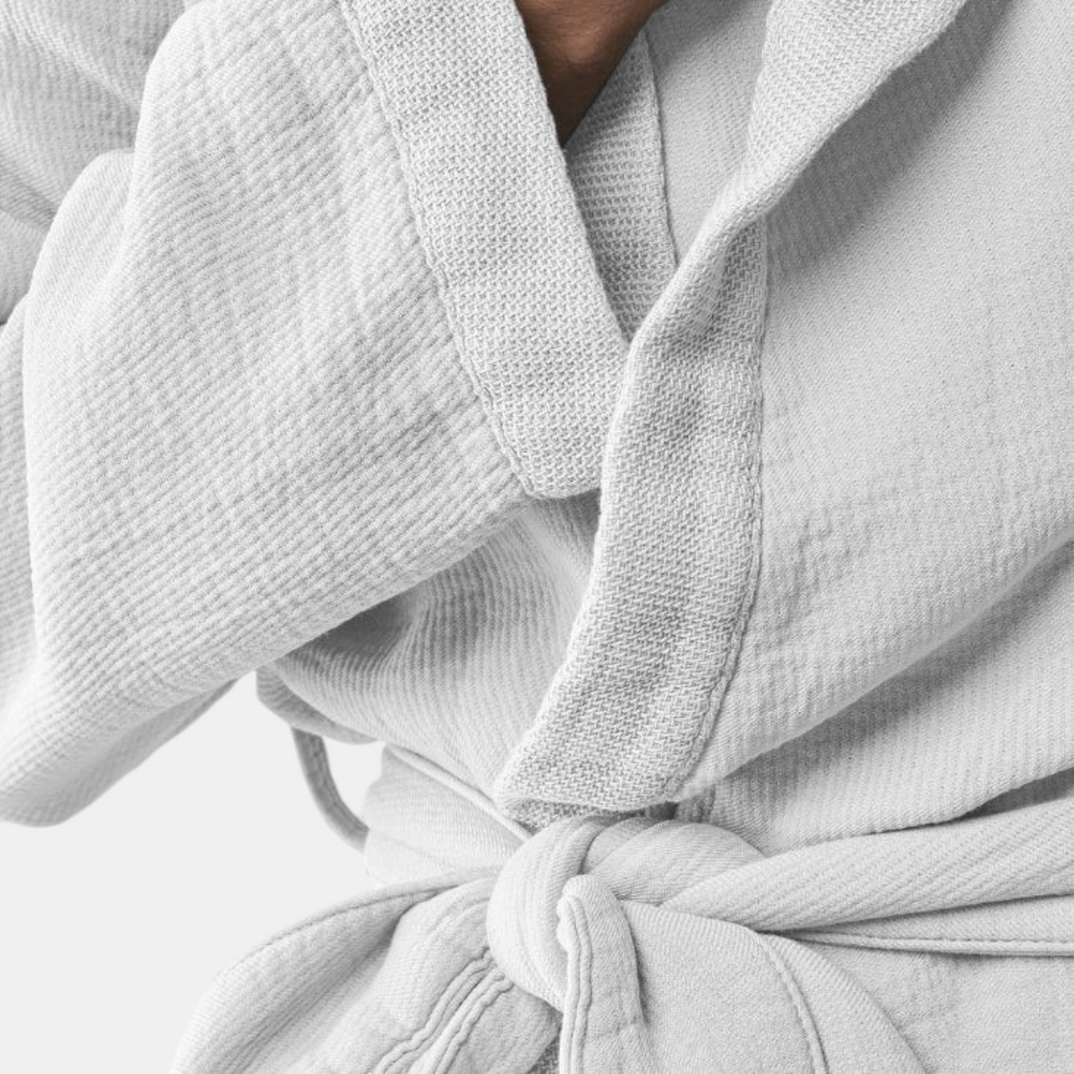 Shop Rescue Spa Kur hooded bathrobe in white featuring a soft double-sided textured weave and a tie waist belt.