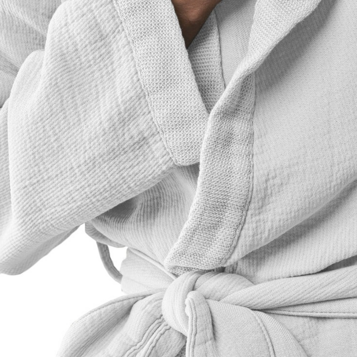 Shop Rescue Spa Kur hooded bathrobe in white featuring a soft double-sided textured weave and a tie waist belt.