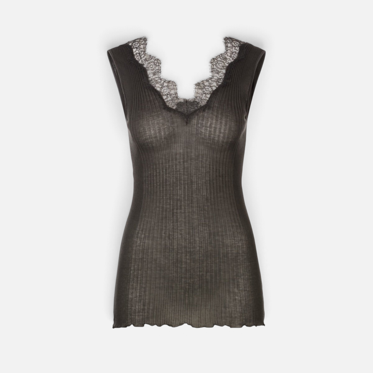 Shop Rescue Spa Richelieu dark shadow ribbed Pima cotton top with delicate lace V-neck trim