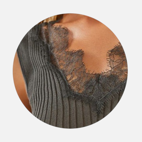 Shop Rescue Spa Richelieu dark shadow ribbed Pima cotton top with delicate lace trim neckline