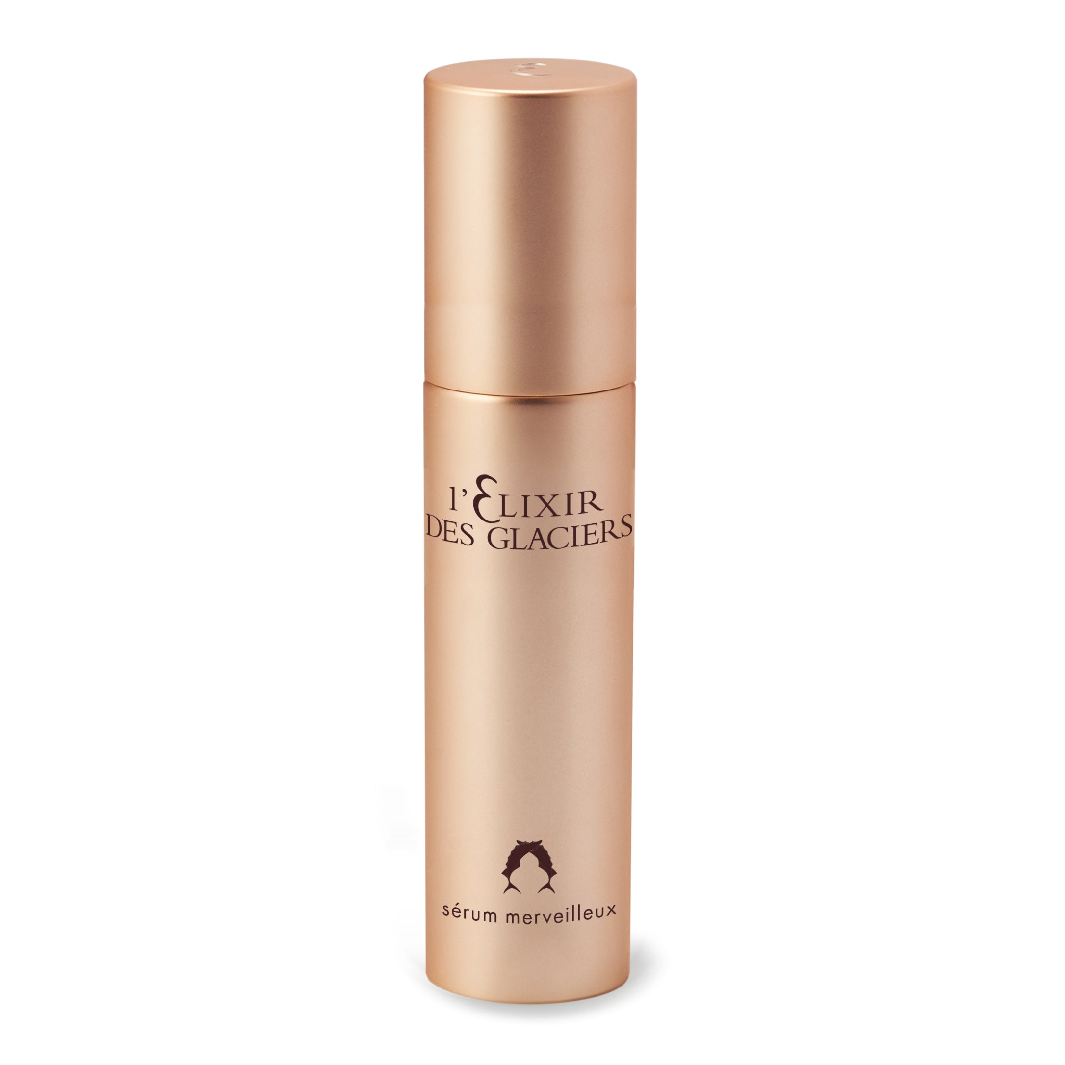 Valmont Serum Merveilleux positioned upright with a white background in a golden bottle. A serum that remineralizes, boosts radiance, smooths and firms.