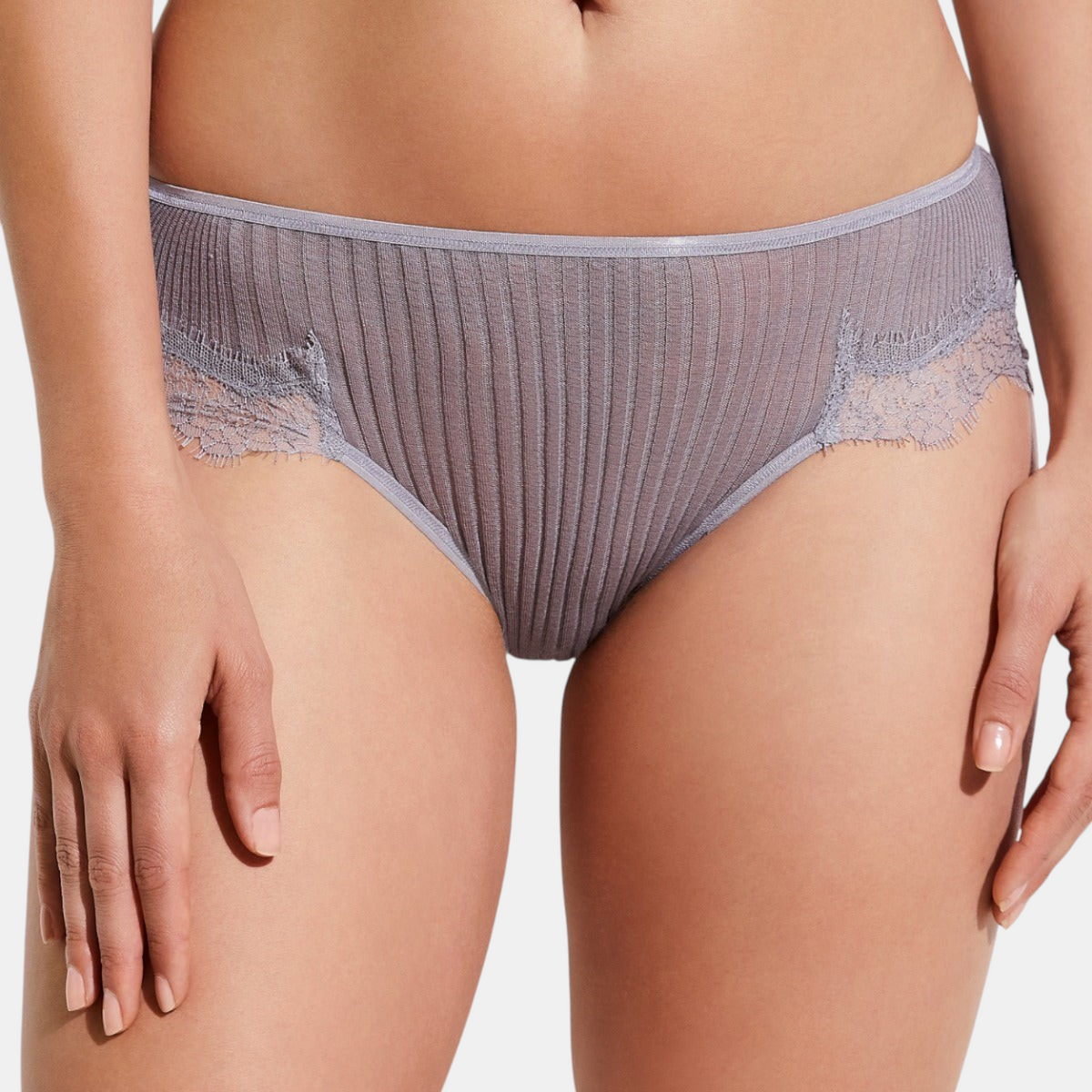 Shop Rescue Spa Richelieu taupe grey cotton briefs featuring delicate ribbed texture and elegant eyelash lace trim.