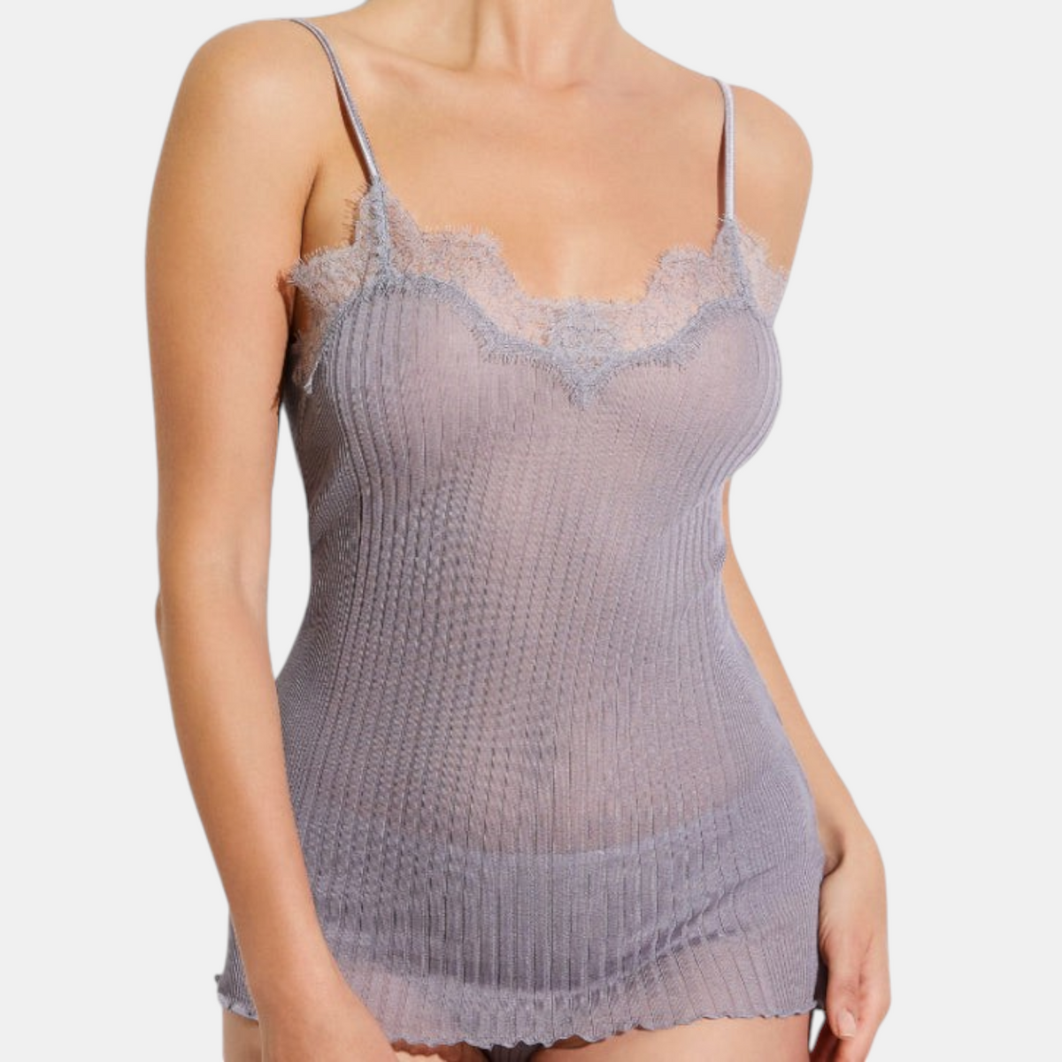 Shop Rescue Spa Richelieu spaghetti top in taupe grey Pima cotton with delicate floral eyelash lace and V-neckline.