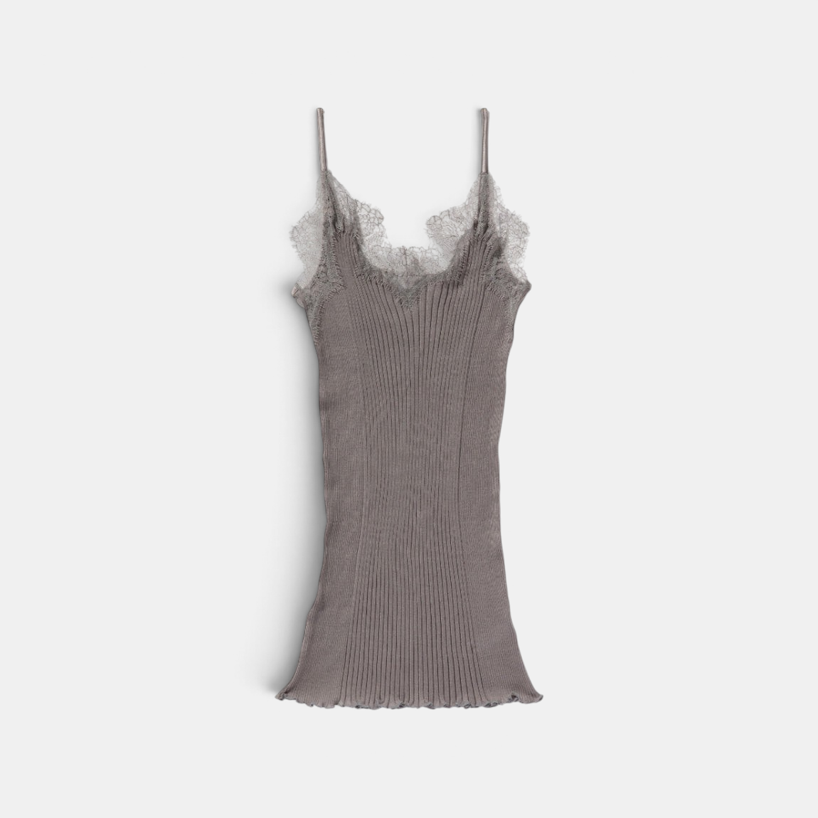 Shop Rescue Spa Richelieu spaghetti top in taupe grey Pima cotton with delicate floral eyelash lace and ribbed detail.