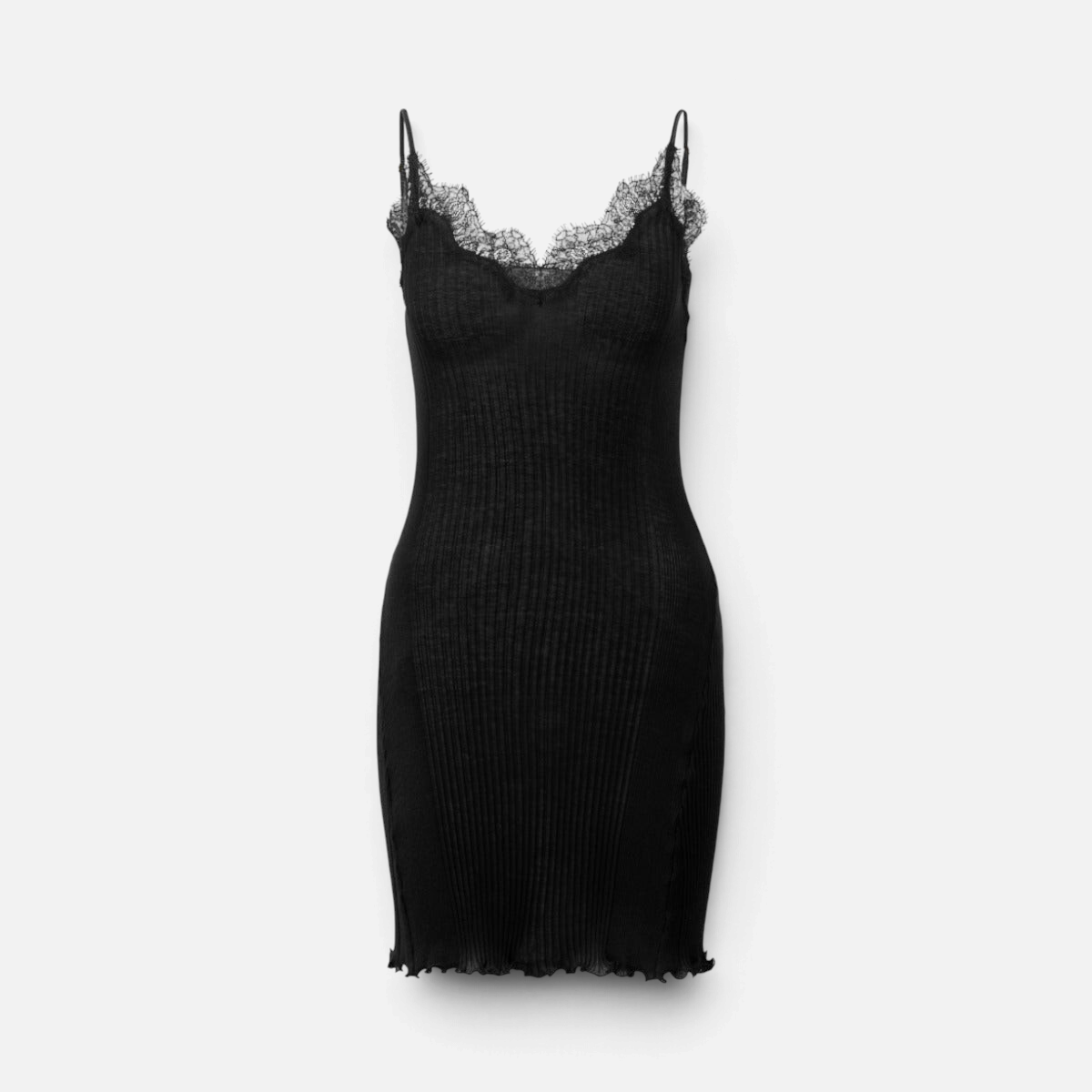Shop Rescue Spa slate grey cotton negligee with spaghetti straps, V-neck, and delicate eyelash lace trim details.
