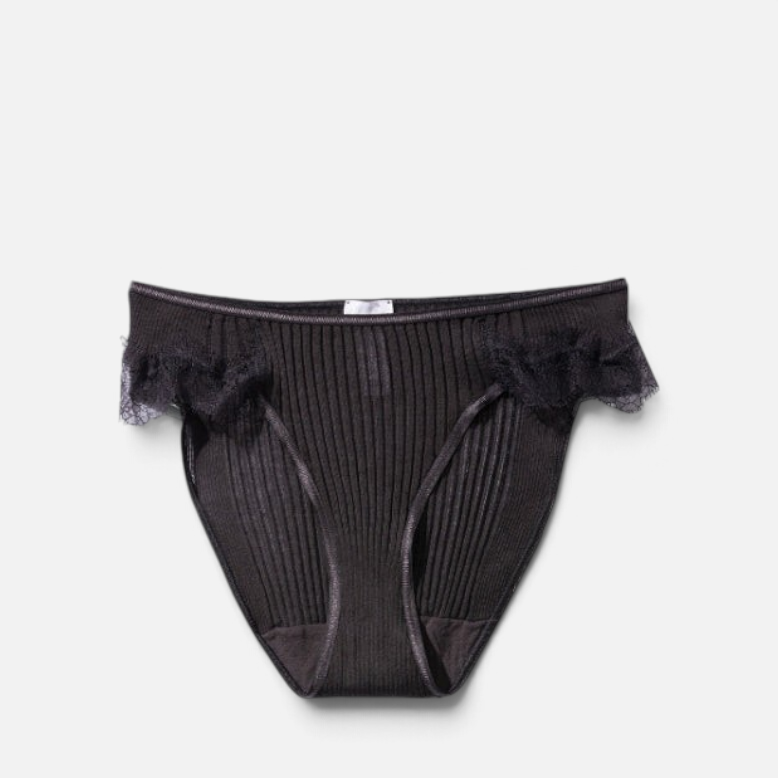 Shop Rescue Spa slate grey cotton briefs featuring delicate ribbed texture and elegant eyelash lace leg trim.