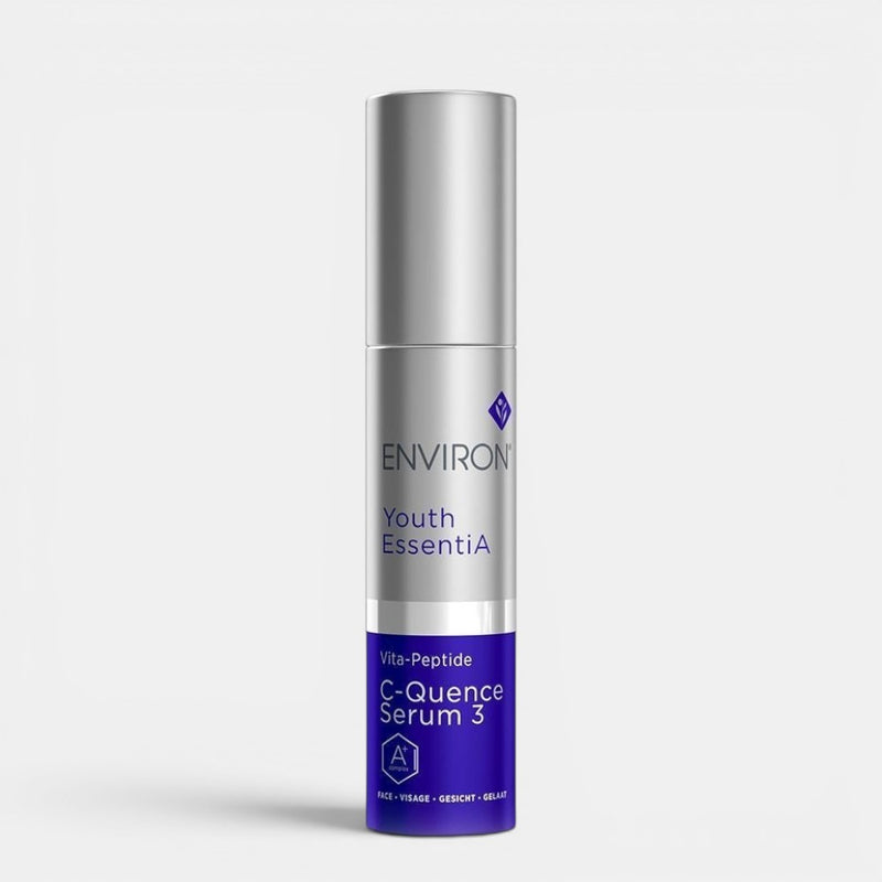 Environ Youth EssentiA C-Quence Serum 3 bottle on a white background, anti-aging vitamin A face serum
