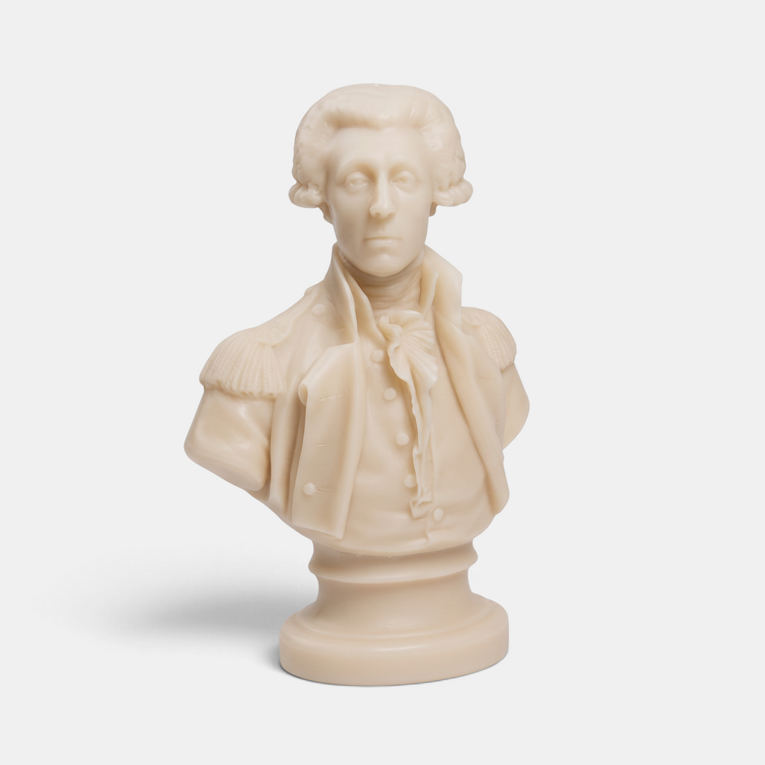 Shop Rescue Spa stone-colored bust of Marquis de Lafayette, a detailed historical sculpture of the military officer.