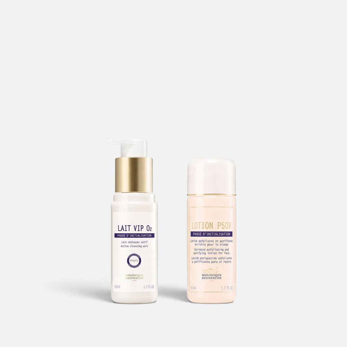 Shop Rescue Spa Biologique Recherche TSA travel duo featuring Lait VIP O2 cleanser and Lotion P50V in 1.7 oz bottles.