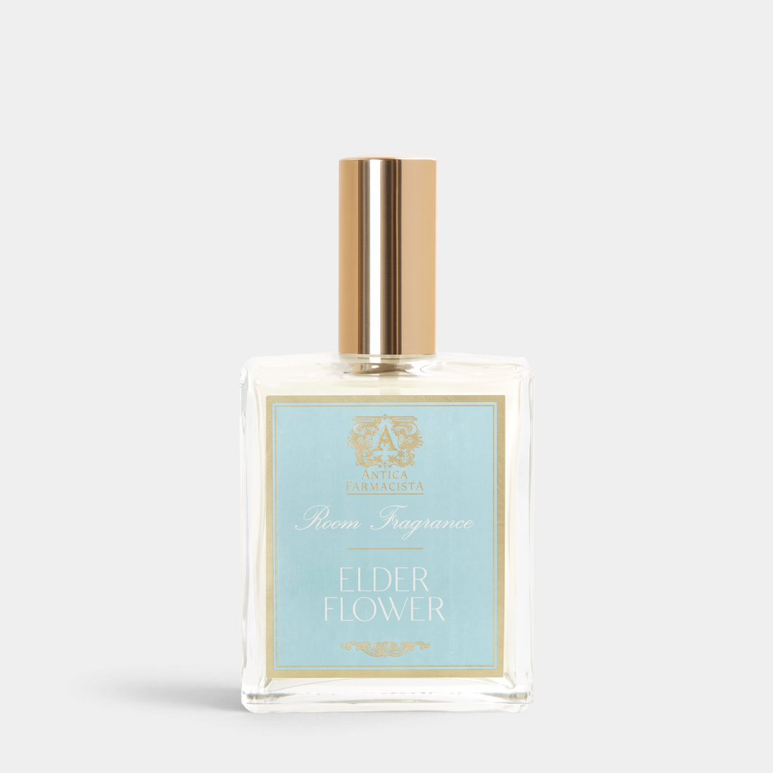 Shop Rescue Spa Elderflower Room Spray in a clear glass bottle with a light blue label and gold metallic cap.