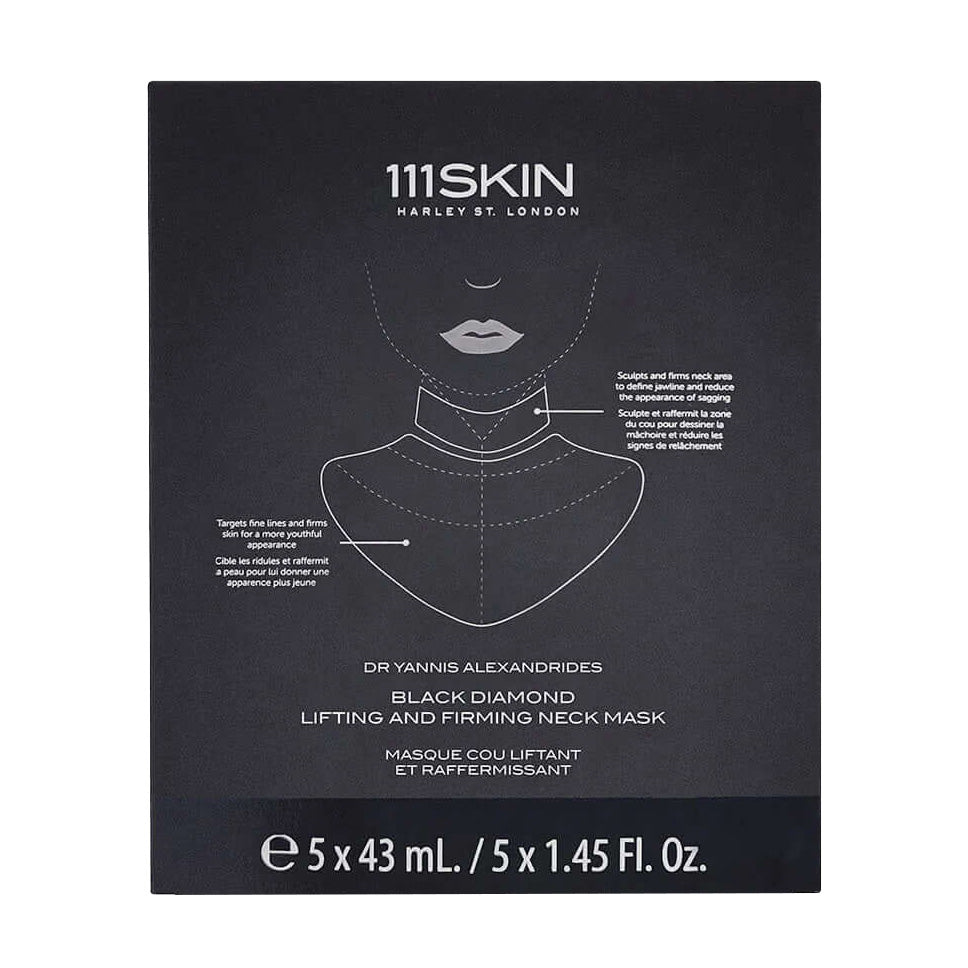 111 Skin Lifting and Firming Neck Mask positioned upright with a white background. Firms And Sculpts To Refine The Appearance Of Aging Skin.