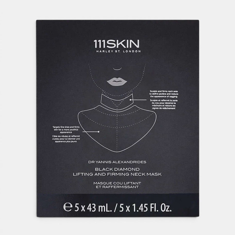 111 Skin Lifting and Firming Neck Mask positioned upright with a white background. Firms And Sculpts To Refine The Appearance Of Aging Skin.