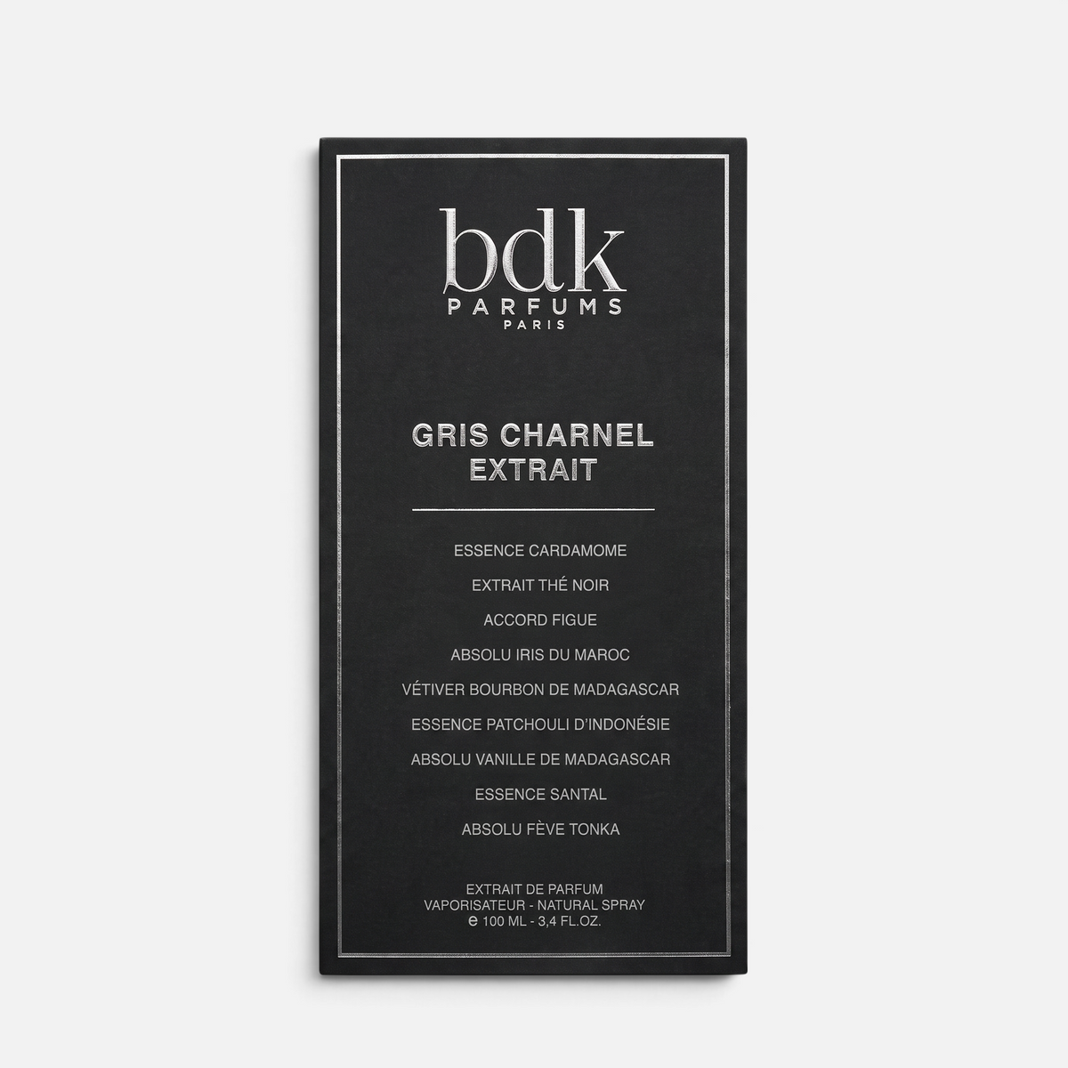 Shop Rescue Spa BDK Parfums Gris Charnel Extrait 100ml perfume box with fragrance notes listed in black and white.