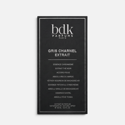 Shop Rescue Spa BDK Parfums Gris Charnel Extrait 100ml perfume box with fragrance notes listed in black and white.
