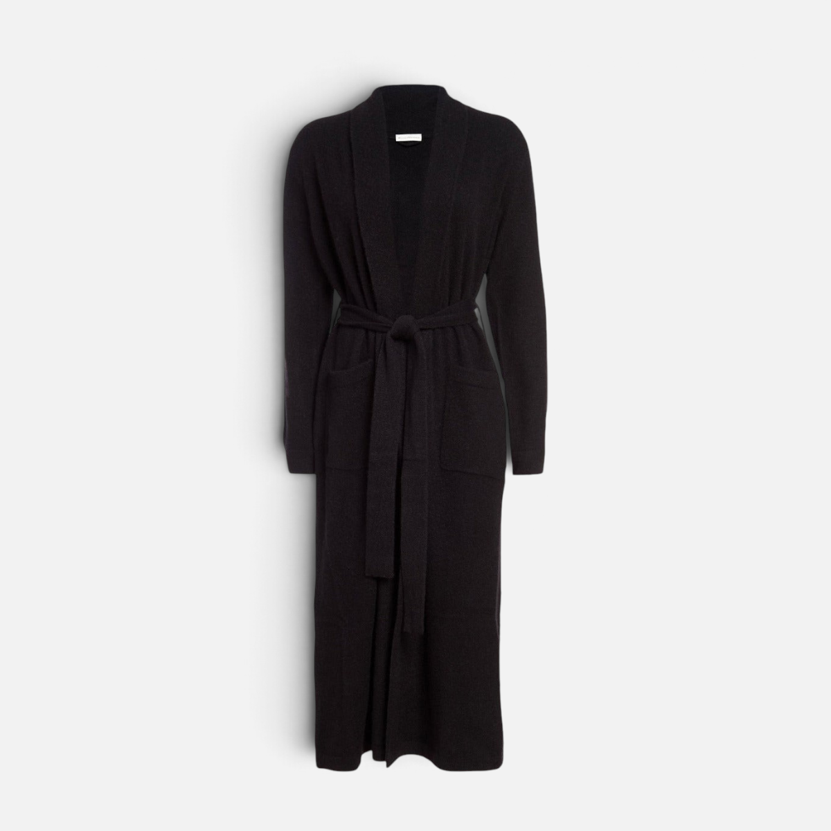 Shop Rescue Spa long black cashmere robe with a shawl collar, patch pockets, and a matching tie waist belt.