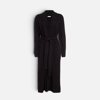 Shop Rescue Spa long black cashmere robe with a shawl collar, patch pockets, and a matching tie waist belt.