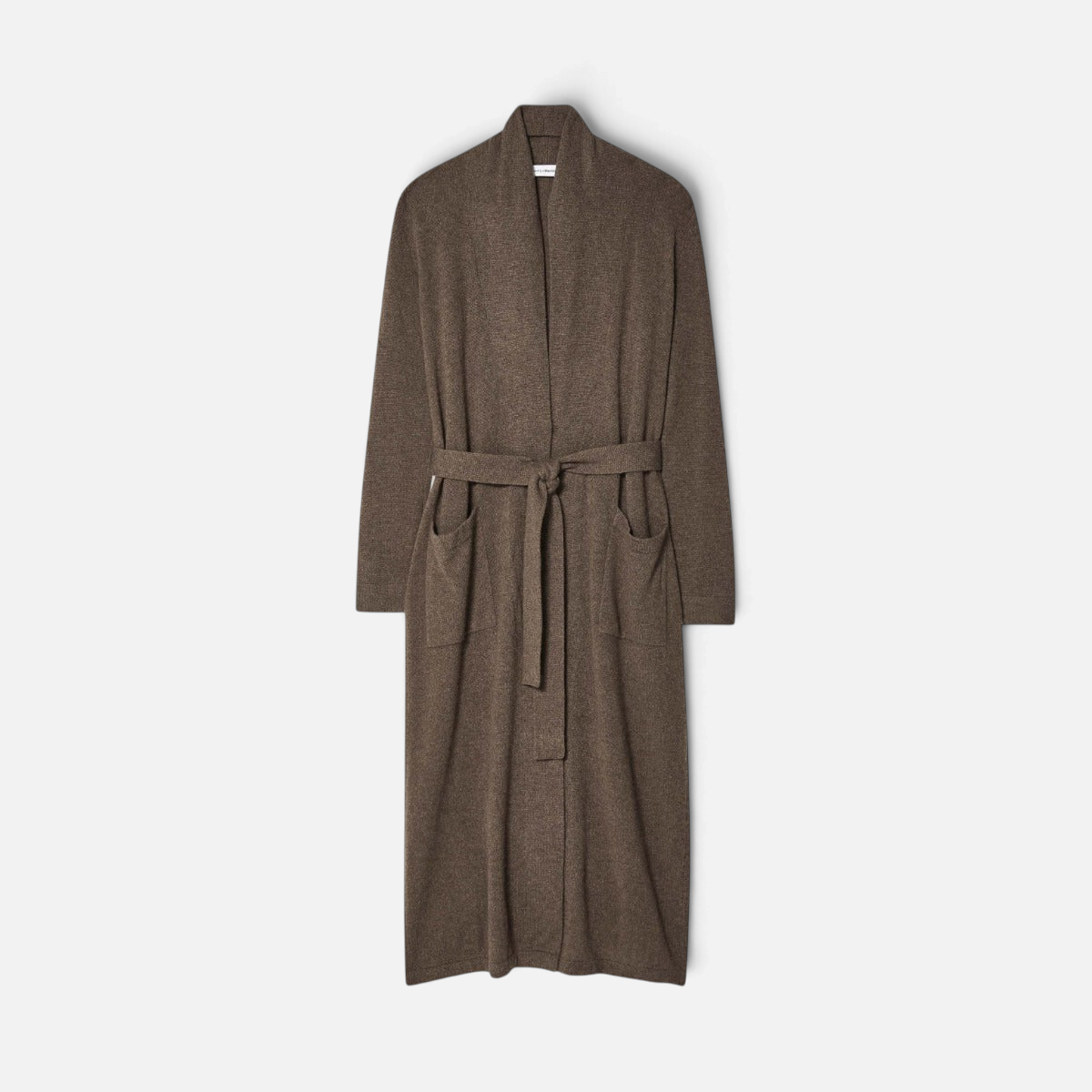 Shop Rescue Spa long russet brown cashmere robe with a shawl collar, patch pockets, and a matching tie belt.