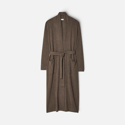 Shop Rescue Spa long russet brown cashmere robe with a shawl collar, patch pockets, and a matching tie belt.