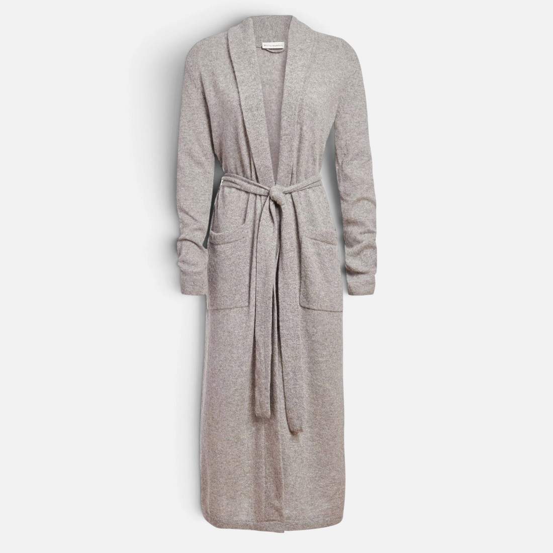 Shop Rescue Spa long grey heather cashmere robe with shawl collar, patch pockets, and a matching waist tie belt.